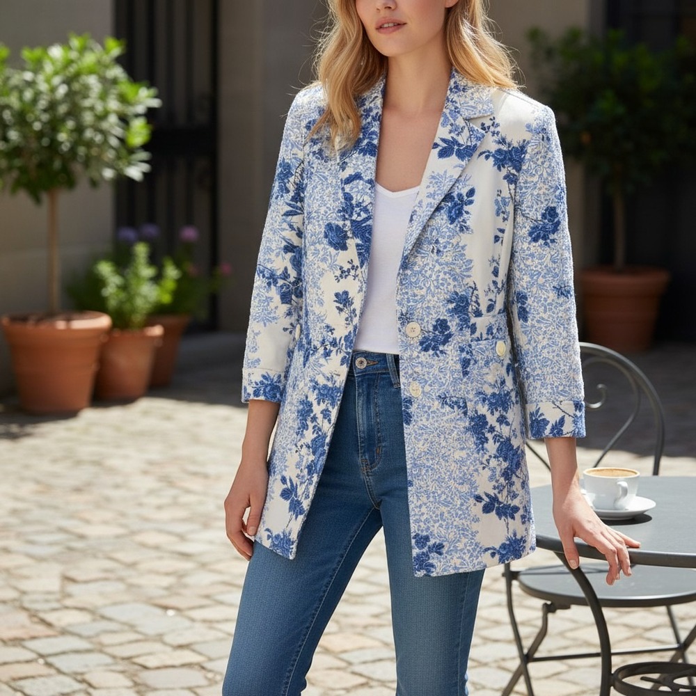 Ann Taylor Loft Floral Blazer Blue White Toile Stretch Jacket Size 12 Longline